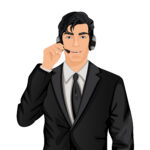 Young handsome customer service representative man in formal suit with headphones set vector illustration